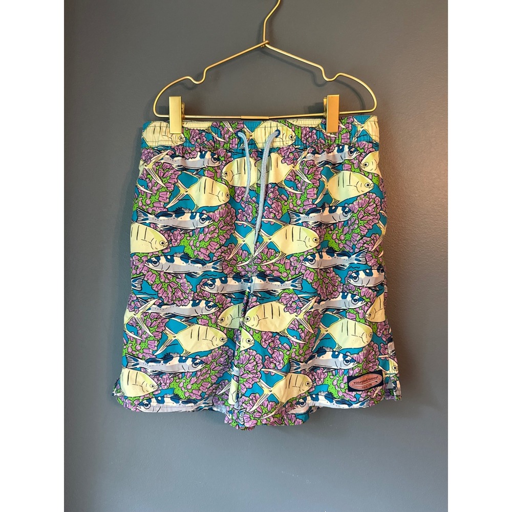Vineyard Vines Boys Swim Trunks Tropical Fish Coral Print Blue Green Size Large